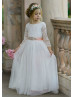 Long Sleeve Ivory Lace Tulle V Back Flower Girl Dress